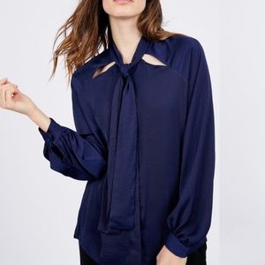 Noir Tie Neck Cut Out Blouse- Navy